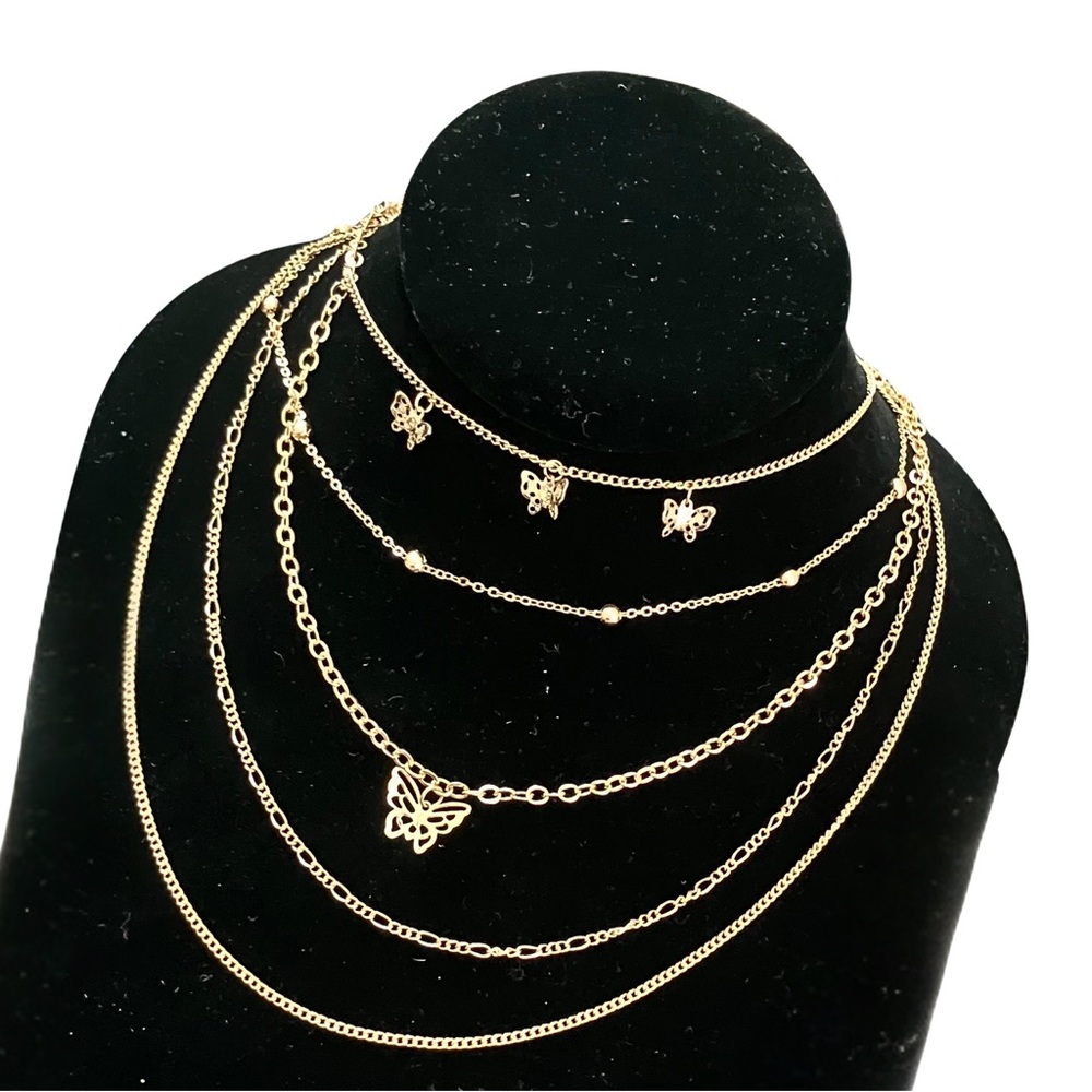 NWT Claire’s Gold Tone 3D Butterfly Multi Strand Choker Necklace Fairy Festival
